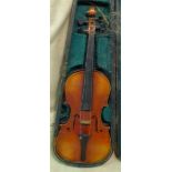 A Violin having 1 piece back (back 36cm) with bow,