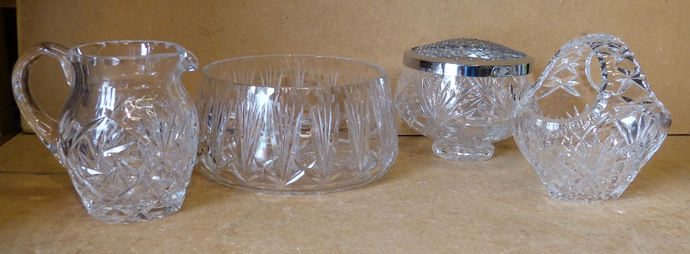 A Cut Glass Bulbous Rose Bowl, a cut glass small basket shape vase,