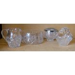 A Cut Glass Bulbous Rose Bowl, a cut glass small basket shape vase,