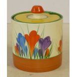 A Clarice Cliff Bizarre Crocus Pattern Jam Pot with cover,