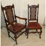 A Set of 6 Oak Dining Chairs having bergere panel backs with pierced and turned supports,