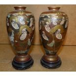 A Pair of Meiji Period Signed Bulbous Thin Necked Vases having all over figurehead and dragon