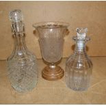 A Cut Glass Round Thin Necked Decanters with stopper (stopper a/f) having all over chamfer