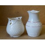 A Belleek Bulbous Thin Neck Vase 15cm high also a smaller Belleek vase (2)