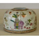 An Oriental Bulbous Brush Pot having multicoloured, vase fish, bat and scroll decoration,
