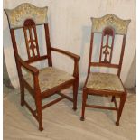 A Set of 5 Arts and Crafts Style Oak Dining Chairs having arched tops,