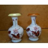 A Pair of Opaline Small Bulbous Thin Necked Vases having painted floral and leaf decoration, 12.