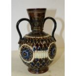 A Royal Doulton Glazed Stoneware Round Thin Neck Trumpet Shape 2-Handled Vase on brown and blue