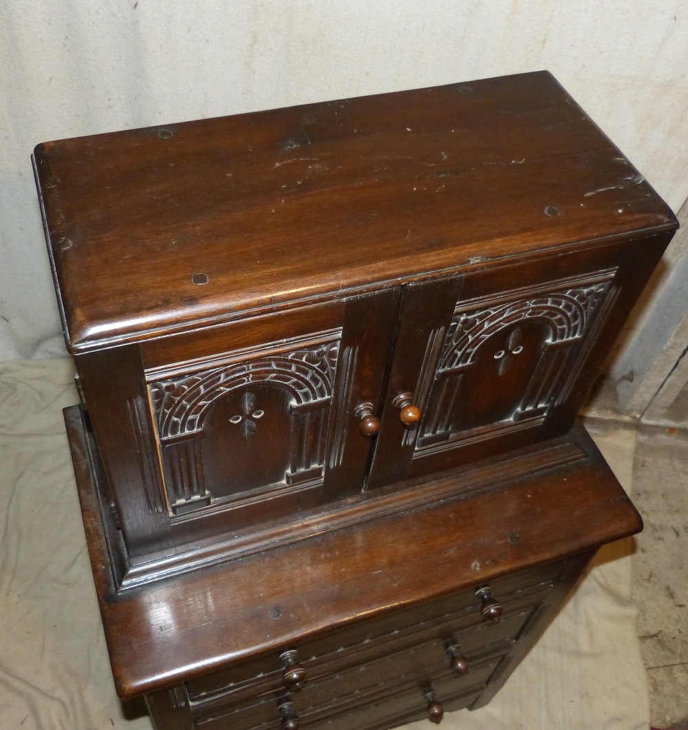 A Similar Oak Chest having 2 panelled doors with carved arched motifs above 3 long drawers with - Image 2 of 5