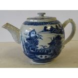 An 18th/19th Century Chinese Blue and White Bulbous shaped teapot depicting figure,