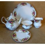 A Royal Albert "Old Country Rose" Part Service comprising teapot, milk jug, sugar bowl, cake plate,