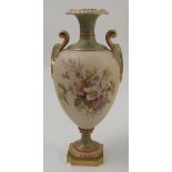 A Royal Worcester pedestal vase, the ivory body decorated with floral sprays, to peach and green