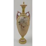 A Royal Worcester vase, the body with blush ivory panels decorated with flowers, with yellow neck