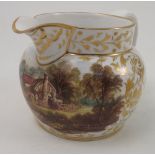 A 19th century Bloor Derby porcelain jug, decorated with a cottage in landscape, to a white ground