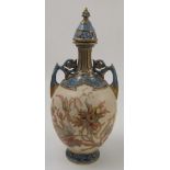 A Royal Worcester covered vase, decorated with flowers and leaves, with blue and gilt covered neck