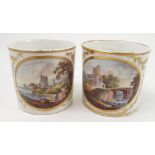 A pair of 19th century Derby porcelain coffee cans, hand painted with 'On the River Tiber' and 'On