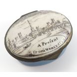 An early 19th century Bilston enamel patch box, of oval form, the hinged lid decorated with a view