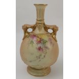 A Royal Worcester blush ivory vase, with dolphin moulded handles and floral decoration, dated