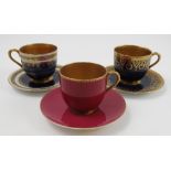 Nine various Royal Worcester cabinet cups and saucers, mainly with gilt decoration to a coloured