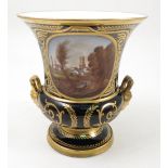 A 19th century Derby porcelain campana shaped vase, decorated to the front and back with views of