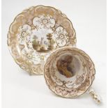 A 19th century Derby porcelain tea cup and saucer, the inside of the cup and the saucer decorated