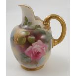 A Royal Worcester flat back jug, decorated with pink and yellow roses, dated 1911, shape number