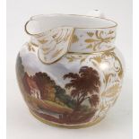 A 19th century Derby porcelain jug, decorated with a cottage in landscape to a white ground with