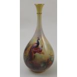 A Royal Worcester vase, decorated with a peacock and peahen on a branch, by C V White, dated 1909,