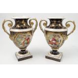 A pair of 19th century Derby porcelain pedestal vases, decorated with a still life of fruit on a