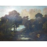 A 19th century English school oil on canvas, landscape with figure, stream trees and mountains,