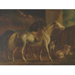 A 19th century English school, oil on board, stable scene with two horses tacked up,