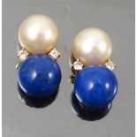 A pair of 18ct gold cultured pearl, lapis lazuli and diamond ear studs, the pearls approximately 7.