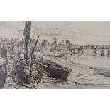 Charles Watson, black and white etching, Chelsea, view at low tide with beached boats, 7ins x 10.