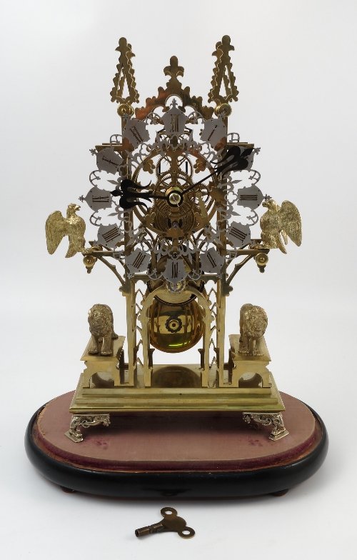 A brass skeleton clock, with fusee movement,