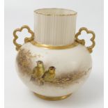 A Grainger's Worcester gilded ivory vase, decorated with yellow tits on a gilded branch,