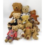 A collection of 20th century teddy bears, to include gold plush,