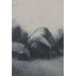 B Geenan, limited edition sepia engraving, man crouched over, 13.5ins 10.