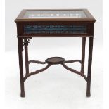 A Georgian design mahogany bijouterie table, with glazed rising lid and side panels,