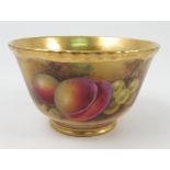 A Royal Worcester sugar bowl, hand painted with fruit to a mossy background by J Smith,