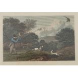 A group of Antique coloured engravings, shooting subjects with men and gun dogs in various scenes,