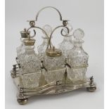 A silver plated six piece cruet set,