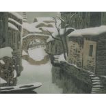 Ji De Win, coloured lino print, snow scene, 13.