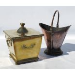 A copper helmet shaped coal bucket, together with a rectangular shaped brass coal bucket,