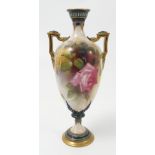 A Hadleys Worcester vase, decorated with roses by Austin, to turquoise, blue and gilt borders,