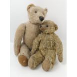 A gold plush teddy bear, with stitched features, button eyes,