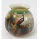 A Royal Worcester quarter lobed vase, decorated with a peacock on a pine tree, shape number H158,