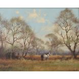 James Wright, oil on board, plough horses in landscape, 7.5ins x 9.