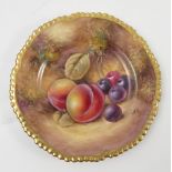 A Royal Worcester side plate, decorated with fruit to a mossy background by J Smith,