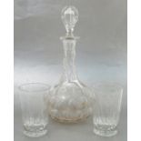 A Masonic glass decanter, together with two matching glass tumblers,