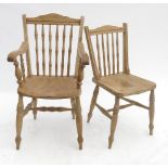 Four beech chairs (3+1), with turned spindle backs,